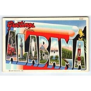 Vintage Curt Teich 'Greetings from Alabama' Linen Postcard A-101 1940s